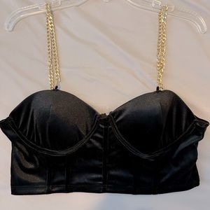 Black velour zip up bustier with gold chain straps, L, 8/10
